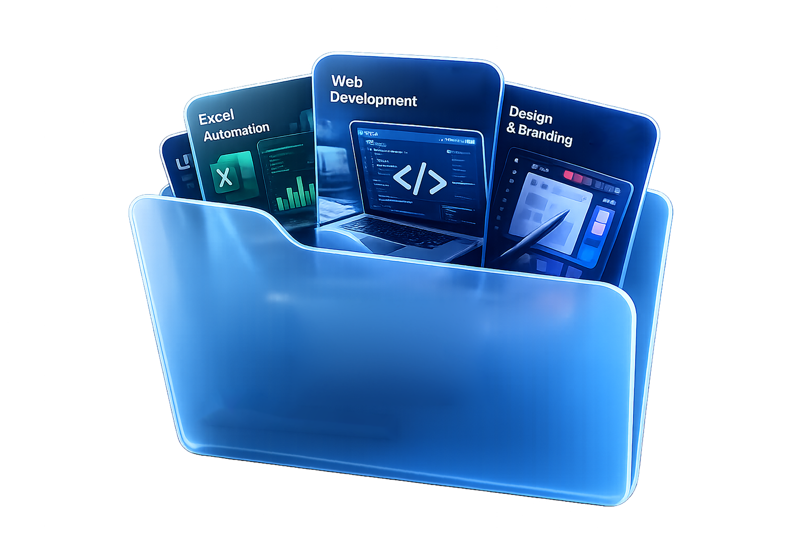 Folder visual berisi layanan web development, automasi Excel, dan design branding